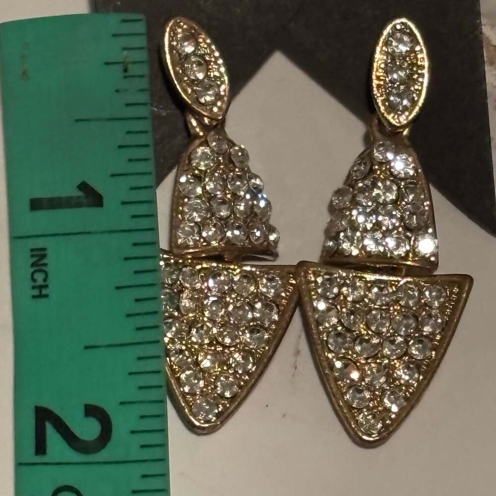 Gold-Tone Geometric Double Triangle Drop Earrings with Pavé Crystals - Picture 11 of 12